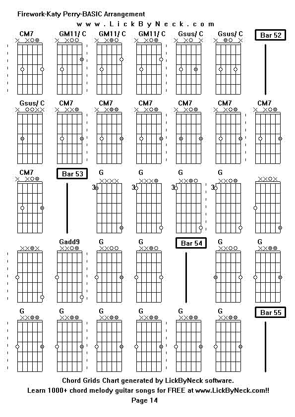 Chord Grids Chart of chord melody fingerstyle guitar song-Firework-Katy Perry-BASIC Arrangement,generated by LickByNeck software.